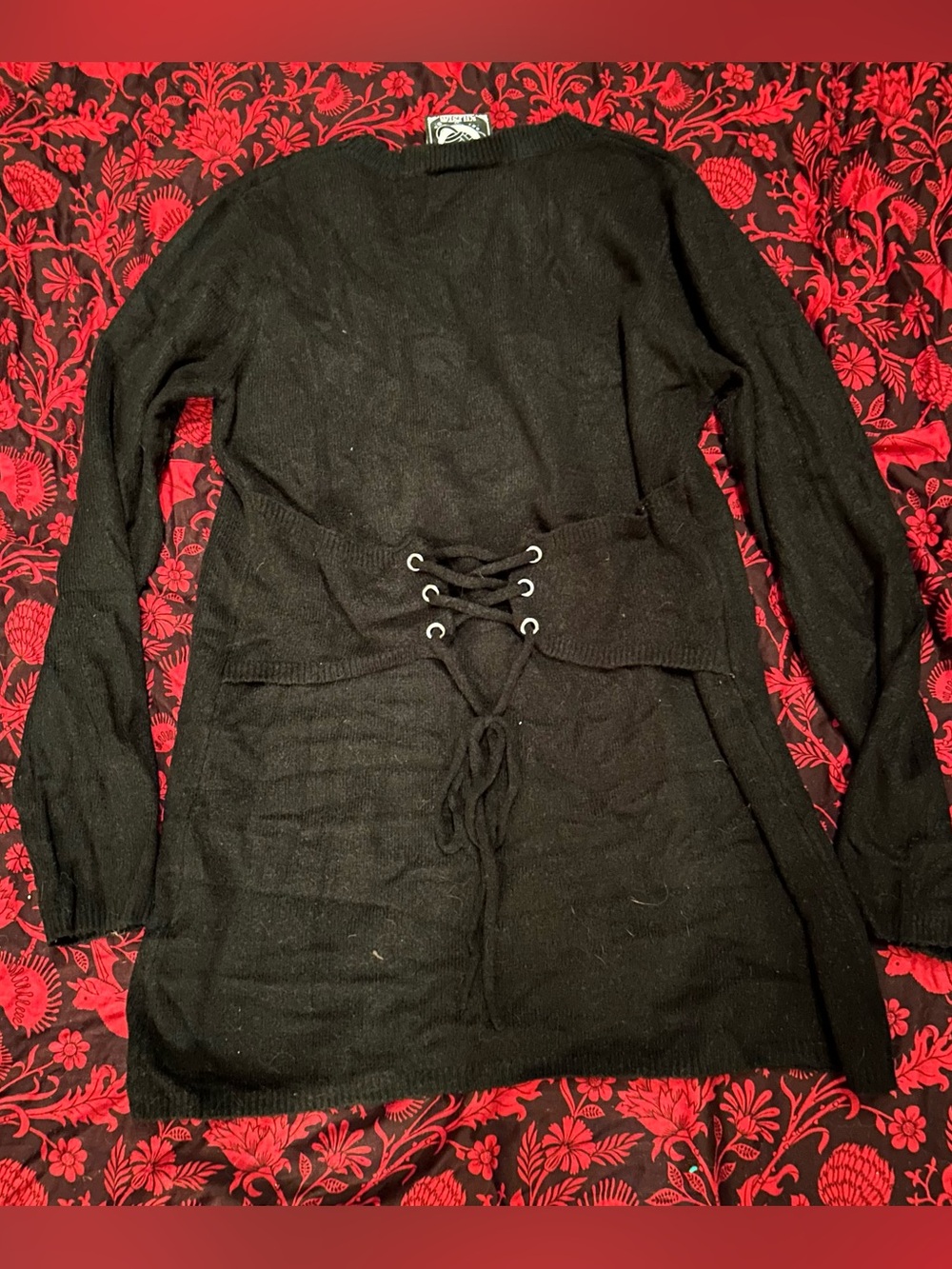 Killstar black fuzzy sweater with corset lacing detail in back